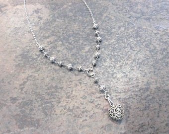 Y Style Heart Necklace with Rosary style chain and Silver Filigree beads Silver Filigree necklace 17 1/2” Gift for Her