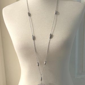 Extra Long silver filigree necklace with circle pendant and toggle clasp 37”