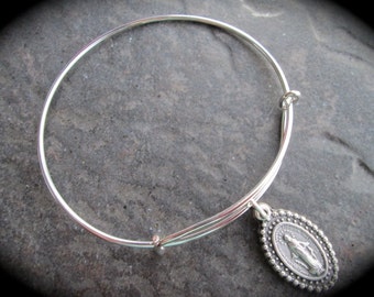 Virgin Mother Mary Miraculous Medal adjustable wire bangle bracelet or necklace Religious jewelry Christian jewelry expandable bangle