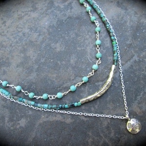 African Turquoise Multi Strand necklace with Karen Hill Tribe beads 17" with 3" extender Multi Layered Necklace