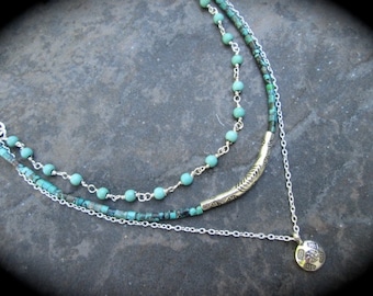 African Turquoise Multi Strand necklace with Karen Hill Tribe beads 17" with 3" extender Multi Layered Necklace