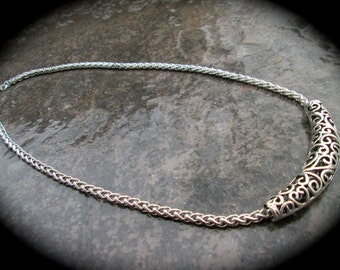 Silver Filigree necklace with foxtail chain 18 1/2" or your choice length Ornate silver filigree tube bead