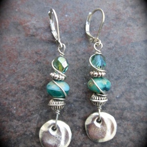 Blue Green Turquoise dangle Earrings with Leverback closures and Hammered Silver Disk Detail Great Gift image 4