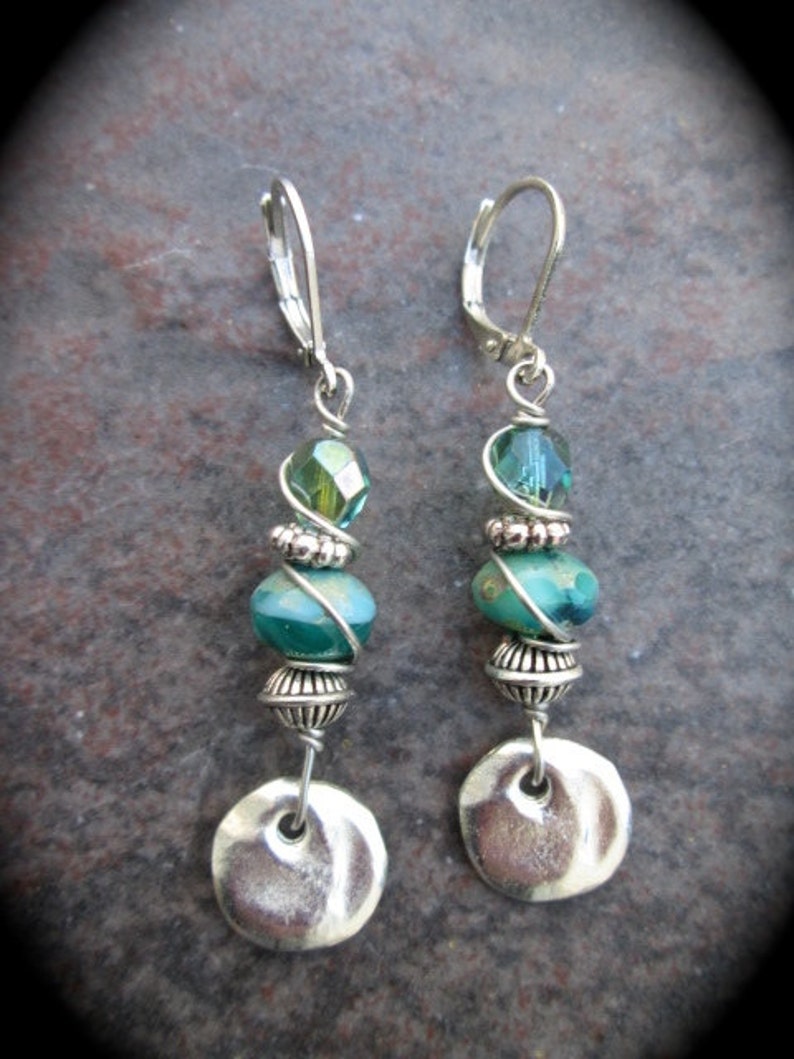 Blue Green Turquoise dangle Earrings with Leverback closures and Hammered Silver Disk Detail Great Gift image 4