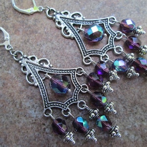 Amethyst Purple Chandelier Earrings with Aurora Borealis finish Czech glass beads and Leverback closures