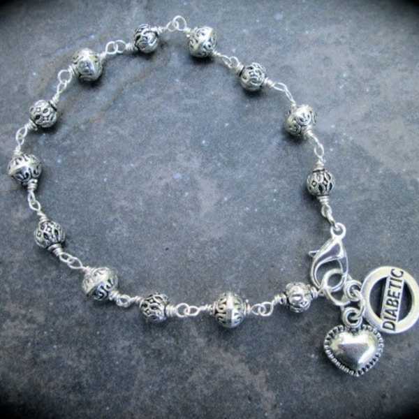 Diabetic Medical Alert Bracelet with Rosary Style chain and heart charm with Bali style Silver Beads  Diabetes Awareness Bracelet