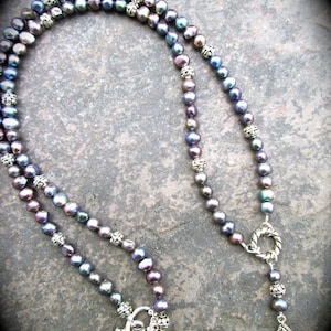 Extra long Peacock Pearl necklace Rosary style necklace 29 1/2" or 36"
