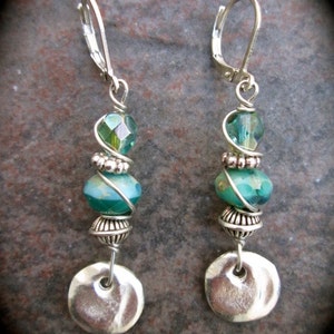 Blue Green Turquoise dangle Earrings with Leverback closures and Hammered Silver Disk Detail Great Gift image 2