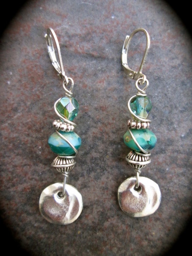 Blue Green Turquoise dangle Earrings with Leverback closures and Hammered Silver Disk Detail Great Gift image 2