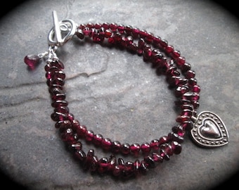Garnet bracelet double strand with heart charm and toggle clasp