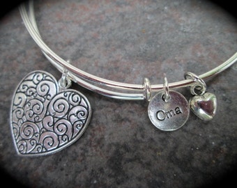 German Oma adjustable bangle bracelet with  Heart Charm German Grandmother bracelet