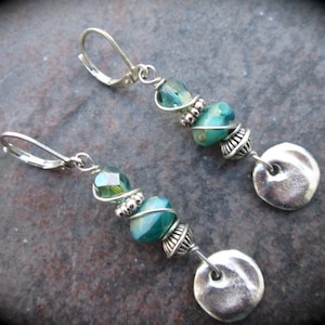 Blue Green Turquoise dangle Earrings with Leverback closures and Hammered Silver Disk Detail Great Gift image 1