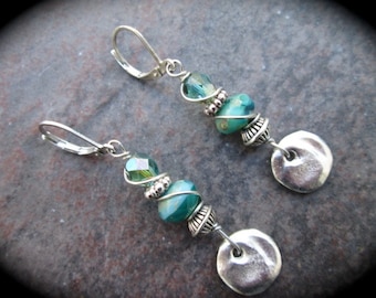 Blue Green Turquoise dangle Earrings with Leverback closures and Hammered Silver Disk Detail Great Gift