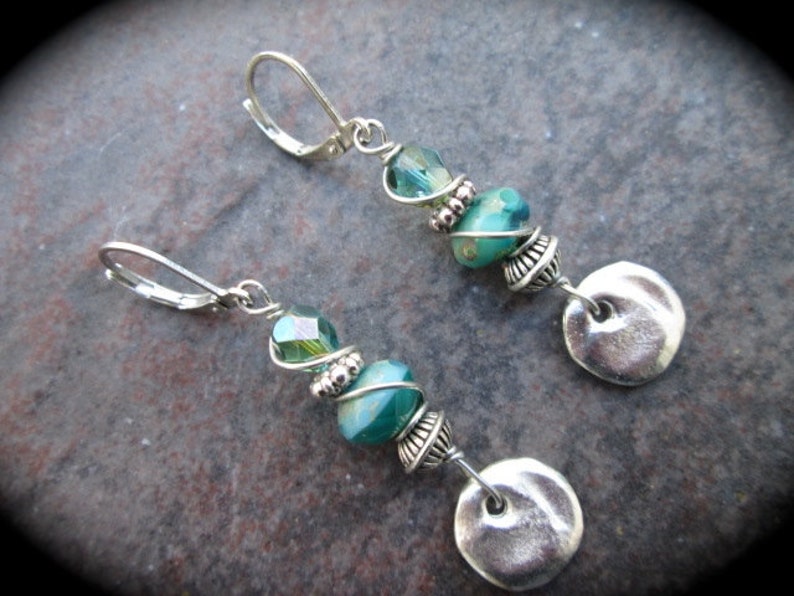Blue Green Turquoise dangle Earrings with Leverback closures and Hammered Silver Disk Detail Great Gift image 1