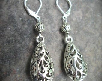Silver filigree teardrop dangle earrings with Sterling Silver lever backs or shepherd hooks