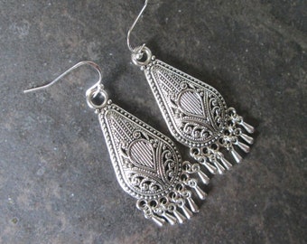 Silver Filigree chandelier earrings with sterling silver earwires Boho dangle earrings