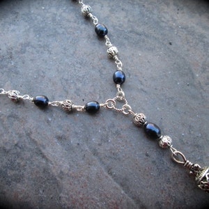 Navy Blue Pearl Rosary Style Necklace Wire wrapped pearl Y necklace 17" with 3" extender chain Unusual Navy Blue Black pearls