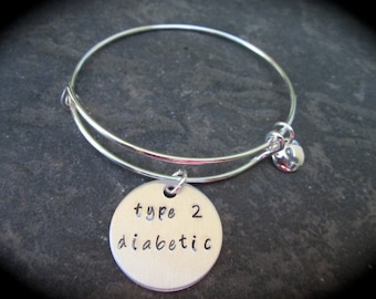 Type 2 Diabetic Adjustable wire bangle bracelet with Gray enamel ribbon charm Diabetes Awareness Medical Alert