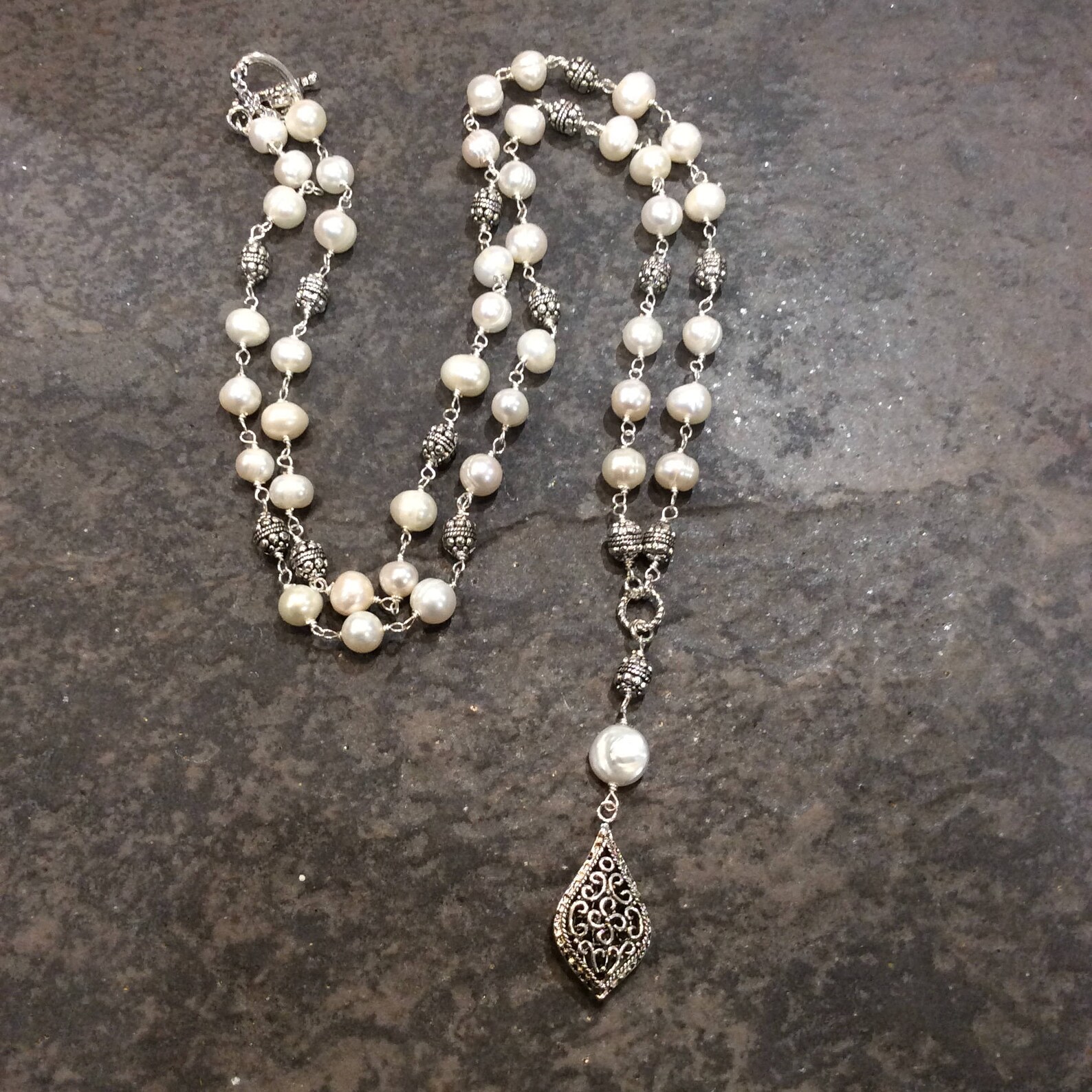 Extra Long Pearl Necklace Wire Wrapped Pearl Links Rosary Etsy