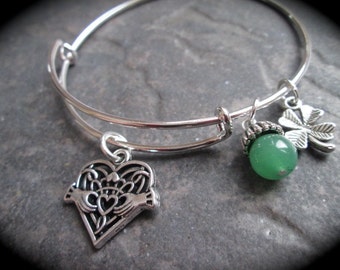 CLEARANCE Irish Claddagh heart Adjustable bangle bracelet with green gemstone dangle charm and shamrock charm Irish Theme Bracelet
