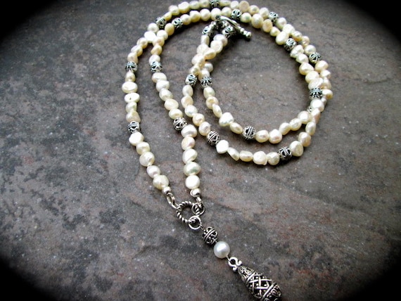 Extra Long Baroque Pearl beaded necklace with Teardrop Pendant and Bali Beads 29" or 36" long  Rosary style Special Price