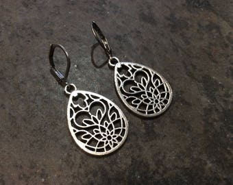 Filigree Leverback dangle earrings with heart detail Stainless Steel Earrings Valentines Day gift Heart earrings