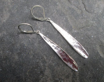 Hammered Silver Stick Dangle earrings with Stainless Steel leverbacks Trendy Bar Earrings