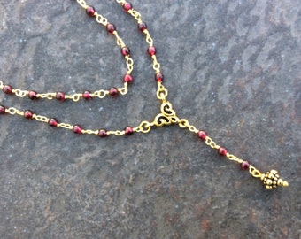 Garnet Y necklace with yellow gold finish pendant Boho style beaded necklace