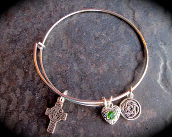 Irish Celtic Cross Adjustable wire bangle bracelet with Celtic Knot charms Irish Jewelry Religious Jewelry