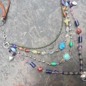 Layered gemstone necklace with leather cord and Carnelian, Lapis, Amethyst and Turquoise beads and rosary style chain