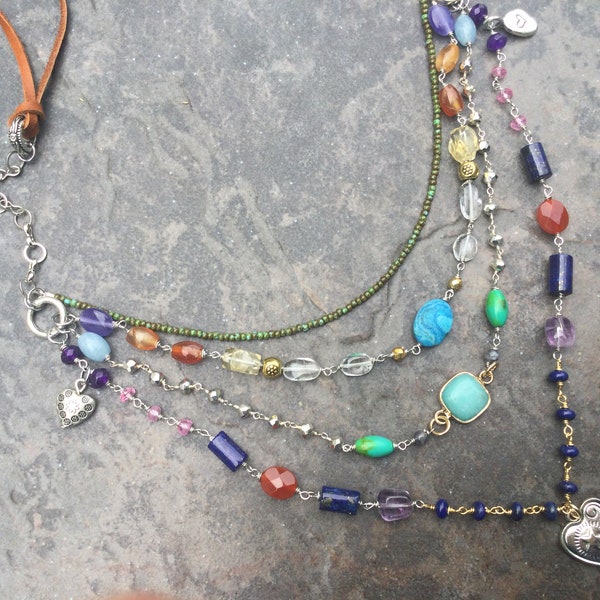 Layered gemstone necklace with leather cord and Carnelian, Lapis, Amethyst and Turquoise beads and rosary style chain