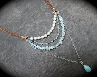 Extra Long Multi Layer beaded gemstone necklace with Larimar Peruvian Blue Opal and Leather and pearls