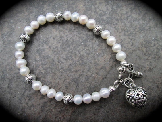 White Cultured Freshwater Pearl Bridal Toggle Necklace with Bali Beads White Cultured Freshwater Pearl Bridal Toggle Necklace with Bali Beads