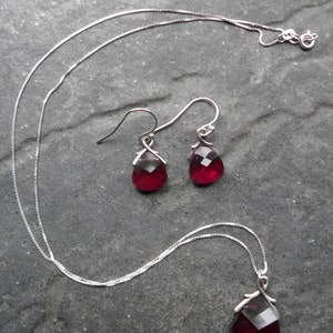 Red Swarovski briolette pendant necklace and earrings set sterling silver July birthstone Prom Wedding jewelry