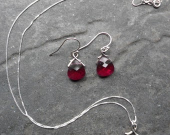 Red Swarovski briolette pendant necklace and earrings set sterling silver July birthstone Prom Wedding jewelry