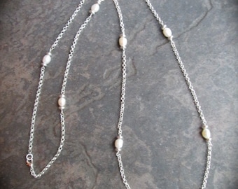 Extra Long Freshwater Pearl Necklace 39" with shiny silver rolo chain and lobster claw clasp Pearl Tin Cup necklace