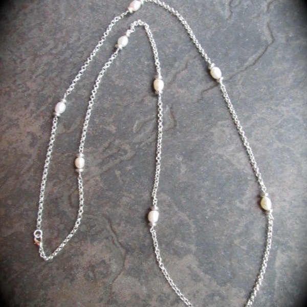 Extra Long Freshwater Pearl Necklace 39" with shiny silver rolo chain and lobster claw clasp Pearl Tin Cup necklace