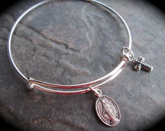 Virgin Mother Mary Miraculous Medal adjustable wire bangle bracelet or necklace with Cross charm Religious jewelry Christian