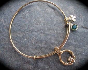 CLEARANCE Irish Claddagh Adjustable wire bangle bracelet with four leaf clover charm and Swarovski dangle charm Irish Jewelry