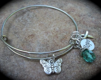 Ovarian Cancer Awareness bracelet adjustable wire bangle bracelet with Butterfly Teal dangle Hope and Ribbon charms