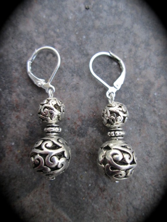 Silver filigree ball earrings with choice of sterling silver or silver plated leverback closures