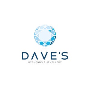 May include: Logo for Dave's Diamonds & Jewellery. The logo features a stylized, round diamond shape in shades of blue above the text "DAVE'S" in a dark blue sans-serif font. Below the name is the text "DIAMONDS & JEWELLERY".