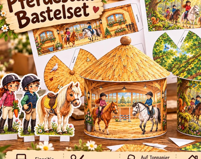Printable PDF craft template | Riding stable with barn, riding arena, pasture & trails | Horse farm craft kit for children, screen-free