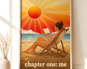 Vintage Poster - Woman on the Beach - Woman with Book Wall Art, Retro Summer Art Print, Reading Nook Wall Art