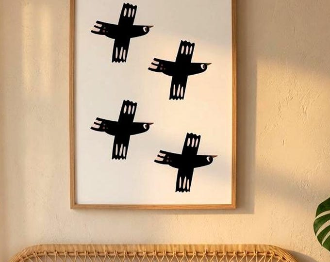 Black Birds Poster – Modern Folk Art Bird Wall Art | Mid Century Modern Nature Print | Neutral Home Decor | Boho Living Room Decor