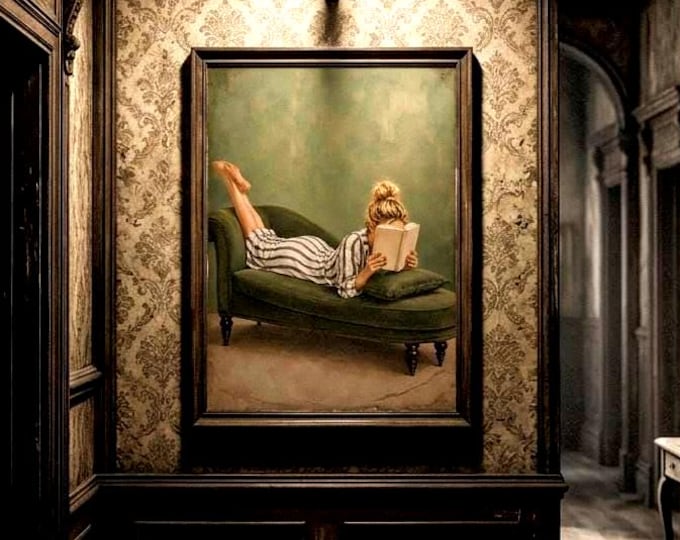 Art print of a woman reading on a chaise longue, green vintage art for a reading corner, gift for book lovers