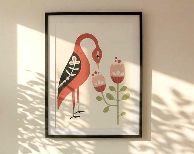 Scandinavian bird motif in folk art style – Folk Art wall art in coral, pink & green, cheerful hygge poster, Nordic floral motifs