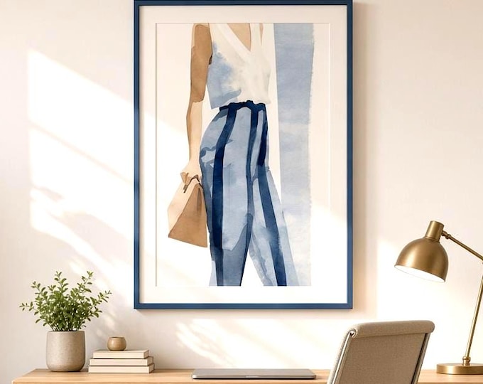 Blue Fashion Illustration Print – Watercolor Wall Art in Navy & Soft Blue for Modern Gallery Walls