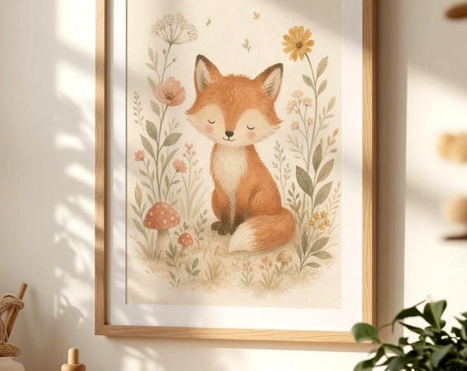 Fox Poster, Watercolor Animal Wall Art, Beige and Orange, Children's Room, Gift for Animal Lovers - Baby Room Poster | Scandinavian Decor