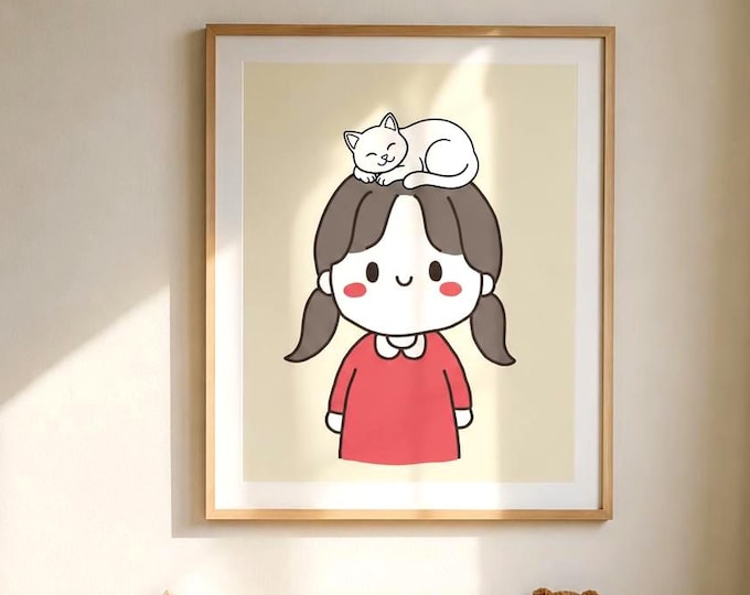 Girls' bedroom poster with cat | Cute wall decor for a girl's room | Kawaii print, modern art print for children